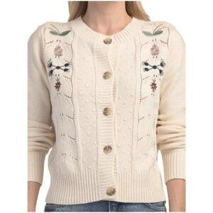 Lucky Brand Embroidered Cotton Blend Cardigan Sweater Size Medium Cream NWT
